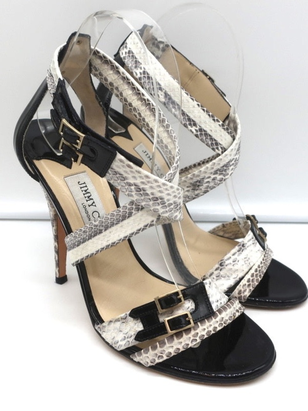 Women’s Jimmy Choo Black/Cream Sandals Patent Leather and Python Skin Heels 38.5